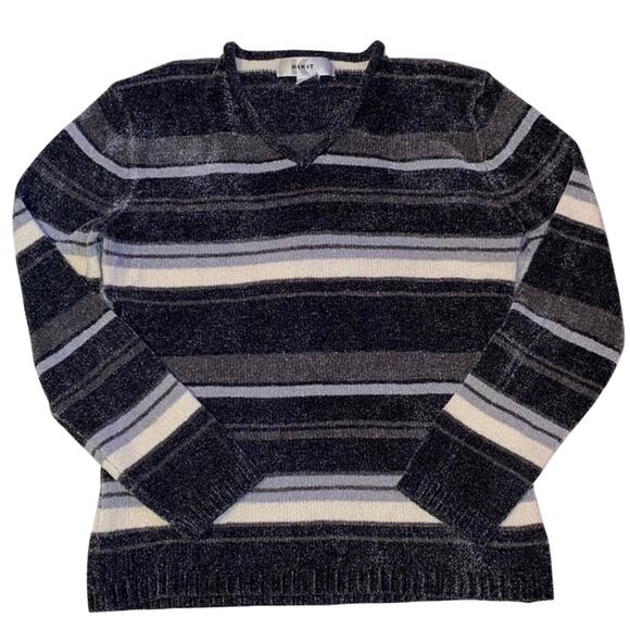 Kikit Sweaters - Kikit Striped Sweater Super Soft VNeck Gray Baby Blue White Fuzzy M17